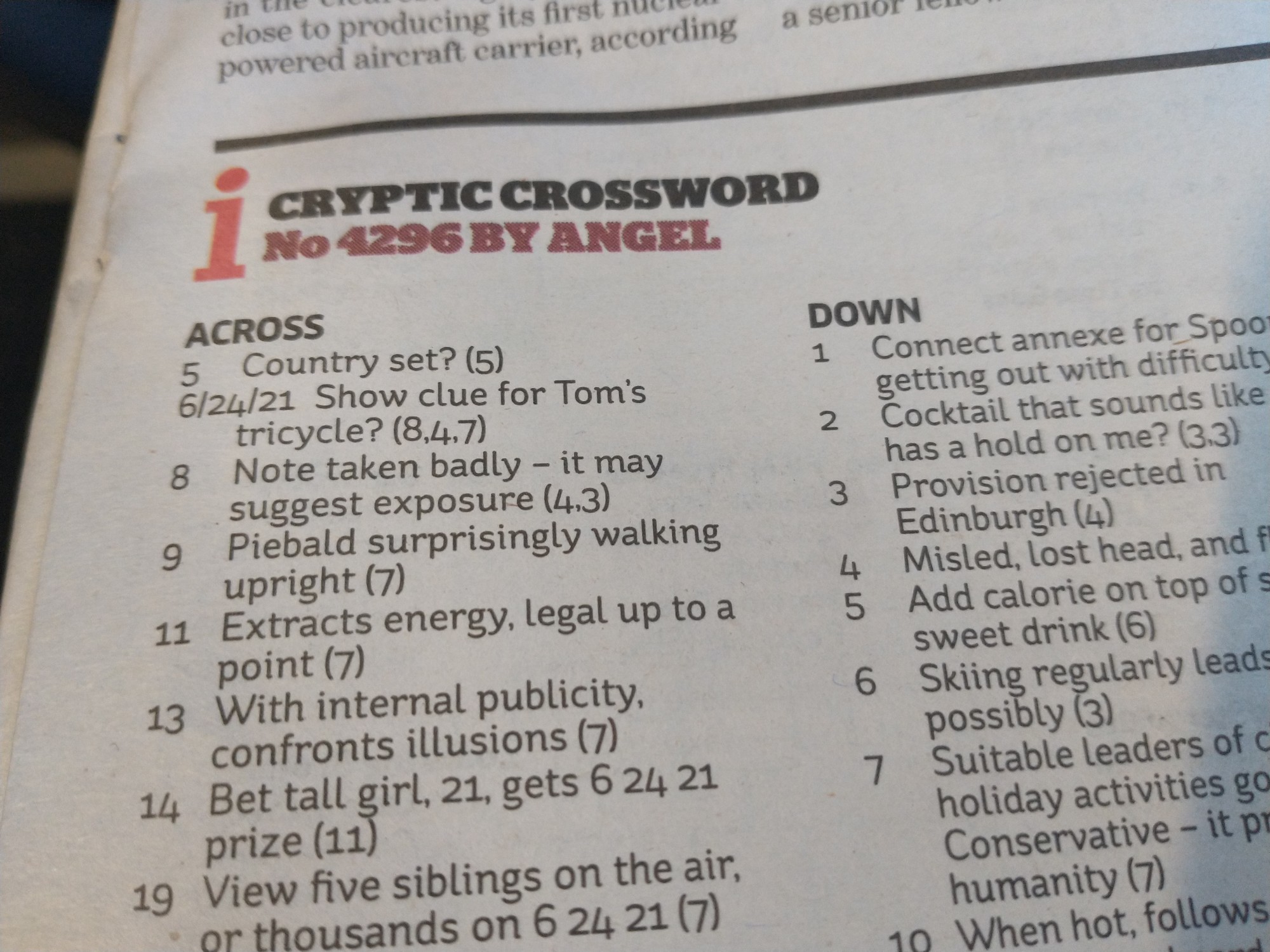 A bit of a newspaper page with a few crossword clues visible under the heading i cryptic crossword no 4296 by Angel.