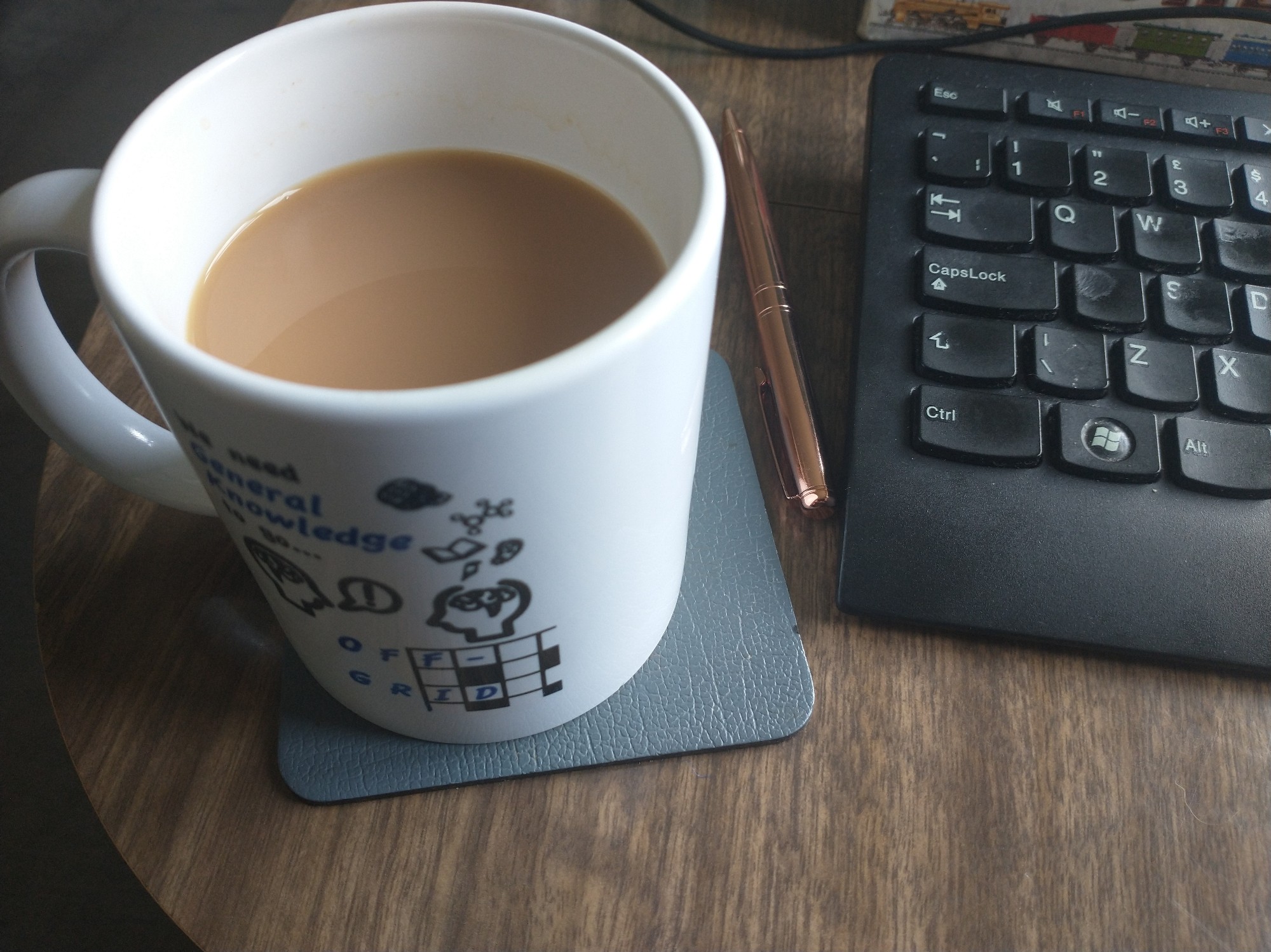 Mug of tea next to a keyboard
